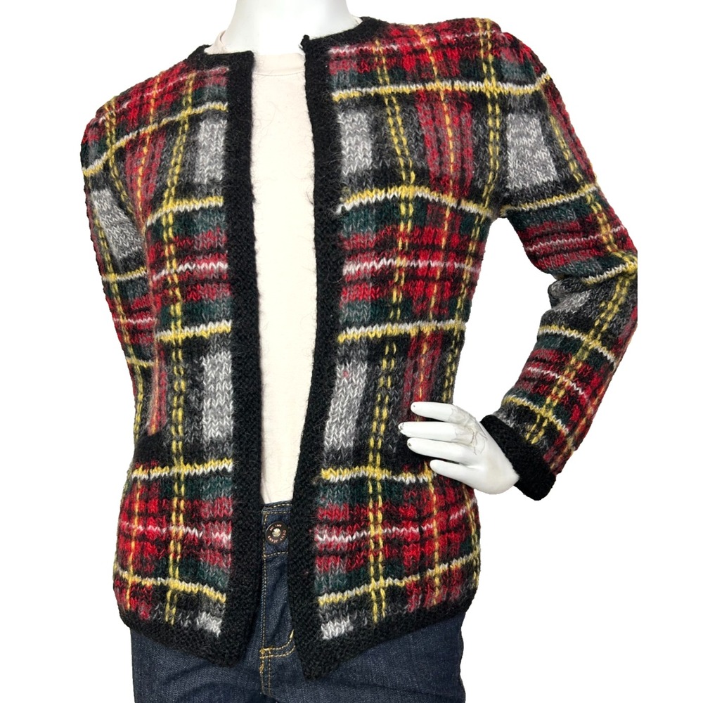 Vintage Tartan Plaid Cardigan Sweater Womens M JH Collectibles Silk Wool Jacket
